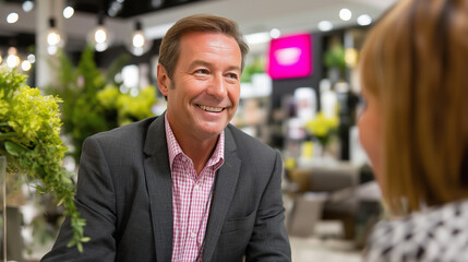 Sales consultant assisting client buying furniture in store, faceless professionals, showroom shopping experience, customer service, retail environment, defocused display backgroun