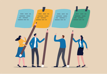 Business brainstorming, meeting to set target and get solution to solve problem or scrum agile method concept, businessman and woman coworkers, colleagues holding pencil with sticky notes on the wall.
