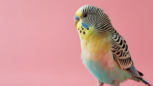 A budgerigar stands still on a pink surface. Its feathers show a mix of yellow, blue, and green colors. The bird looks around while soft light illuminates the scene