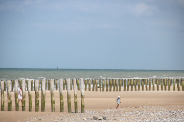 poteaux en bois sur la plage de sable de Sangatte dans le Pas-de-Calais au bord de la Manche en France en &eacute;t&eacute;