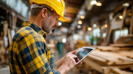 Carpenter planning with tablet in workshop for wood structure inspection, faceless team, safety compliance evaluation, manufacturing quality control, furniture production, with cop