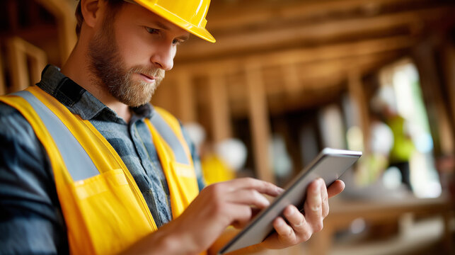 Carpenter planning with tablet in workshop for wood structure inspection, faceless team, safety compliance evaluation, manufacturing quality control, furniture production, with cop - Powered by Adobe