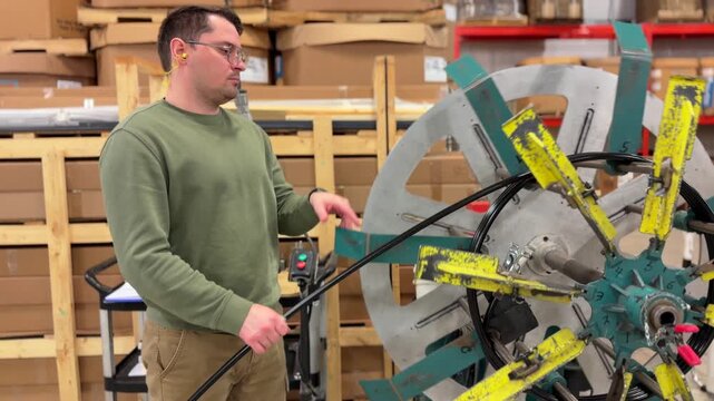 A worker at the factory winds up a big spool of cable tube hose