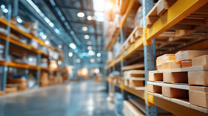 Warehouse industry blur background with logistic wholesale storehouse, blurry industrial interior aisle, furniture merchandise inventory, wood material storage, construction suppli