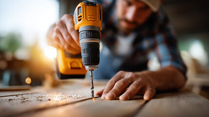 Carpenter drilling hole in wood, faceless craftsman, woodworking process, furniture assembly, power tool operation, manufacturing detail, defocused workshop, with copy space