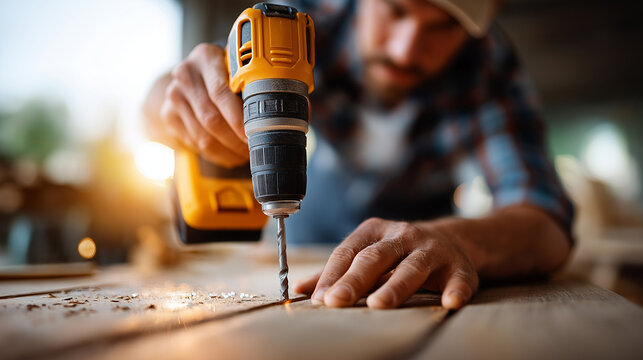 Carpenter drilling hole in wood, faceless craftsman, woodworking process, furniture assembly, power tool operation, manufacturing detail, defocused workshop, with copy space