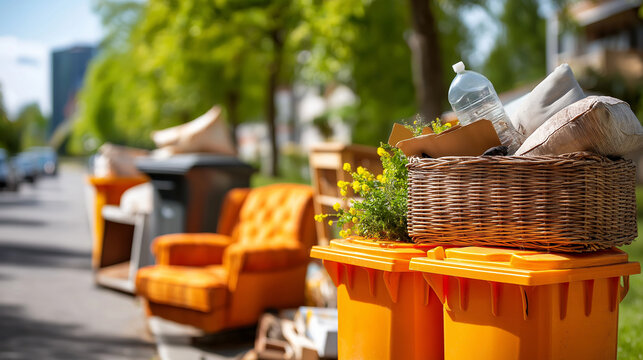 Discarded household furniture and trash bins outside for collection, sunny day disposal, waste removal, street scene, unwanted items, defocused neighborhood, with copy space
