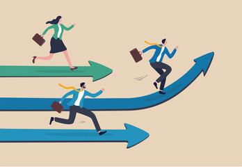 Taking initiative be first to try different way and discover new opportunity, creative way to success and win competition, leadership skill concept, businessman taking initiative run in different way.