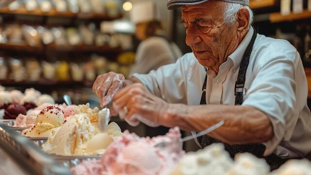 An elderly man carefully scoops gelato in an ice cream shop. A young worker helps him in the background. Customers are likely enjoying their treats in the warm environment