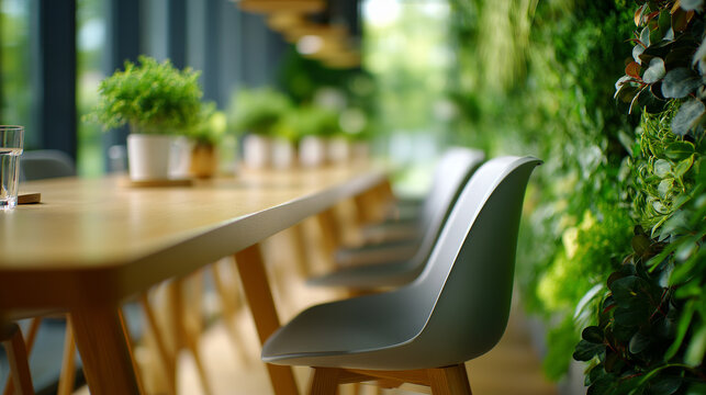 Bright furniture against wall of plants, botanical backdrop, biophilic design, indoor greenery, natural decor, contemporary interior, defocused foliage, with copy space