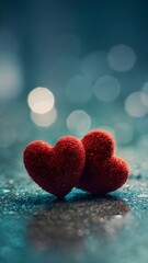 Obraz premium A softly focused image showcases two vibrant red hearts resting on a reflective surface with a bokeh background in blue tones, valentines day