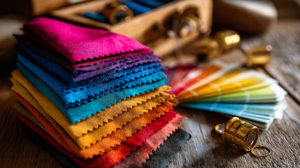 Fabric samples and color palette for custom furniture design, textile swatches, upholstery selection, interior decoration, creative material choices, design planning, with copy spa