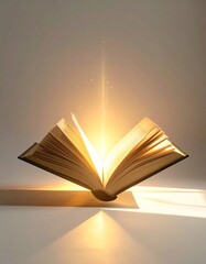 A conceptual graduation image featuring a floating open book emitting soft golden light against a minimalistic background, symbolizing knowledge, achievement, and enlightenment.