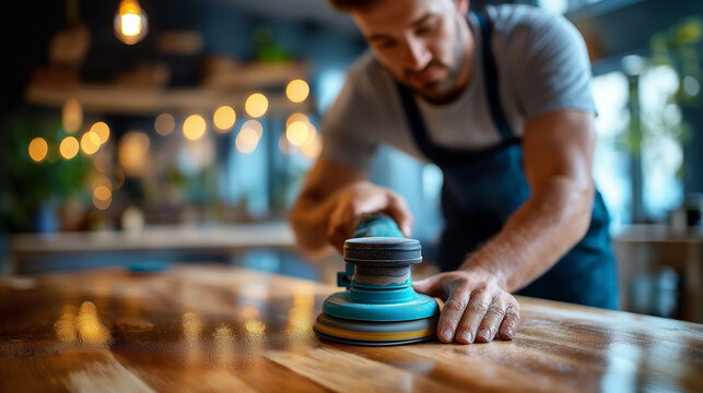 Faceless worker polishing wooden surface with electric sander tool, carpentry workshop detail, furniture finishing, woodworking process, defocused equipment background, with copy s