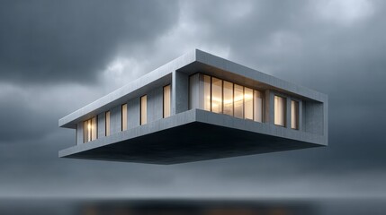 Naklejka premium A large, modern house is floating in the air above a cloudy sky. The house is made of concrete and has many windows, giving it a sleek and minimalist appearance. The cloudy sky adds a sense of mystery