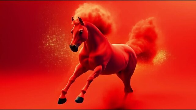 Cheval rouge qui galope sur fond rouge accompagn&eacute; de nuages | nouvel an chinois, signe astrologique, ou animal mystique.  