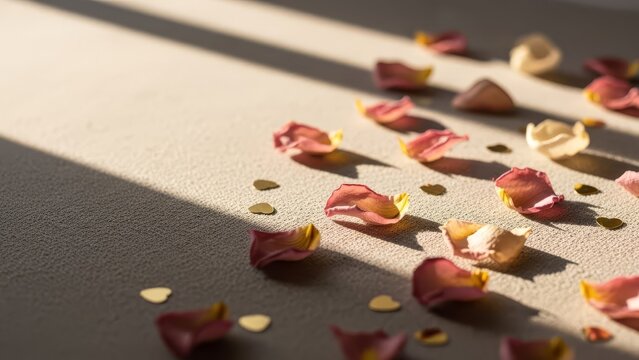 A delicate scene featuring scattered rose petals bathed in warm sunlight, evoking feelings of romance and tranquility. Ideal for concepts of love, bea