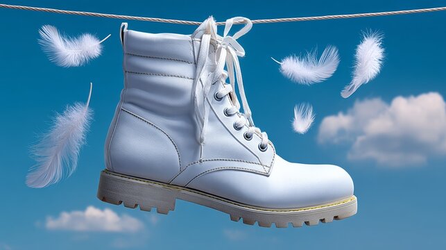 A white shoe with a white laces is hanging on a clothesline. The shoe is surrounded by white feathers, giving it a whimsical and playful appearance. Concept of lightheartedness and fun