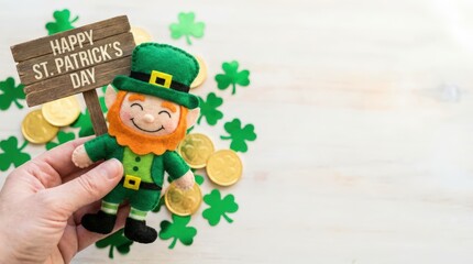 Celebrating st. Patrick's day with a happy leprechaun plush toy surrounded by shamrocks and gold coins on a light wooden surface for festive decor and fun memories