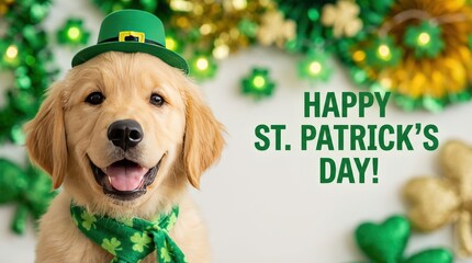 Cheerful golden retriever celebrating st. Patrick's day indoor setting pet photography festive environment close-up view joyful concept for holiday enthusiasts