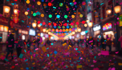 A festive street scene with vibrant confetti and colorful lights during a celebration, with a blurred background of people and buildings