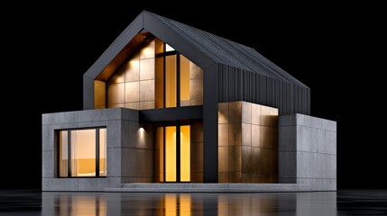 Naklejka premium A small house with a black roof and a tan exterior. The house is surrounded by water and has a modern design