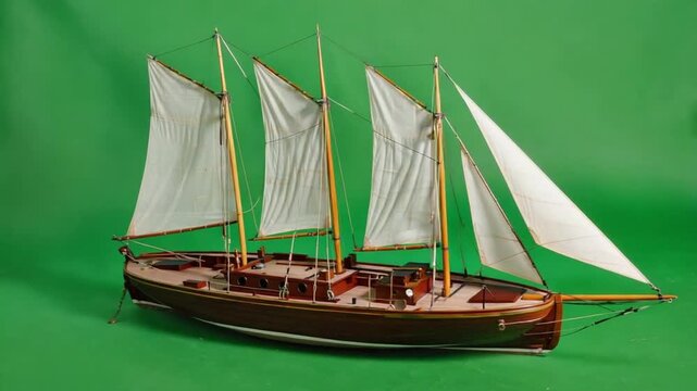 Detailed wooden model of a three-masted schooner with white sails, isolated on a green screen.