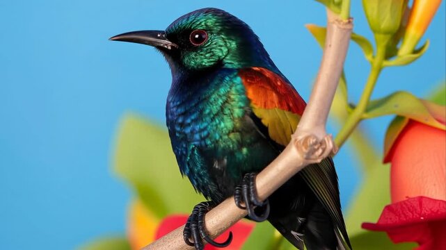 Colorful sunbird perched on branch with red flower against blue sky