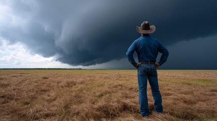 Cowboy standing with hands on hips facing massive storm clouds over open prairie, dramatic western severe weather scene in rural America