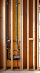 Obraz premium symmetrical plumbing and electrical rough-in inside new house wall