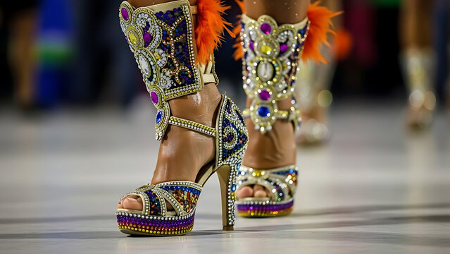 Womans feet wearing high heel shoes with colorful sequins on a runway