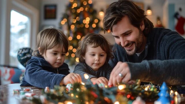 Two children and their father decorate a holiday arrangement with colorful lights and ornaments. The room is filled with a Christmas tree and festive decorations