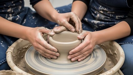 Creating together: hands shaping clay on pottery wheel in harmonious collaboration