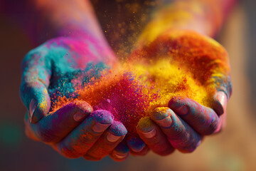 Close up of hands holding colorful powder, traditional Holi festival celebration in India, vibrant colors