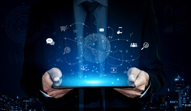 Visualization of global digital communication and online across multiple platforms, including global network, digital network, communication network, and online network. Vouch