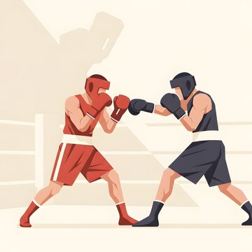 Flat vector scene of two boxers sparring in stance.
