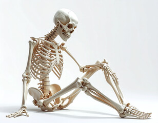 Realistic human skeleton in a contemplative sitting pose on a white background. A powerful metaphor for mortality, health, or patience. Ideal for medical and educational visual projects.
