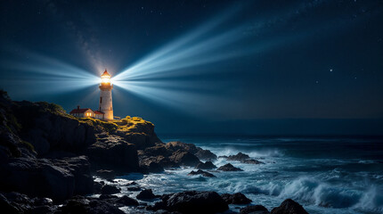 isolated lighthouse piercing night with rotating beam under star-filled sky