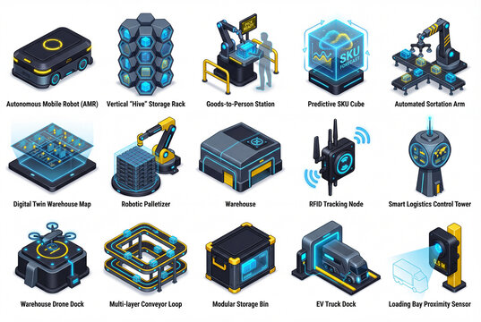 Isometric 3D icons set for warehouse automation, robotic logistics, dark hub storage, supply chain and goods to person technology