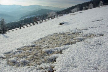 Snow-Covered Mountain Meadow with Forest and Distant Hills