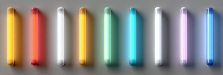 Fototapeta premium Colorful vertical neon tubes on gray wall with modern lighting effects