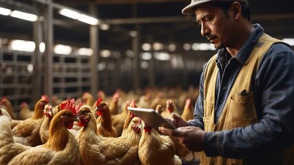 A farmer stands in a chicken coop, looking at a tablet while surrounded by hens. The scene takes place on a farm where the farmer is likely managing the flock