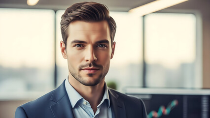 Young businessman in office setting with financial charts