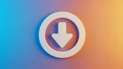 A sleek white download arrow icon centered on a colorful gradient backdrop