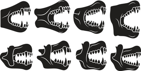 Silhouette of various open mouths with sharp teeth in black and white © PIXAVIVE