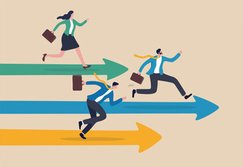 Business competition, contest or rivalry against competitors to increase sales for victory, performance compare to other employees concept, businessman and woman compete running on arrow racetrack.