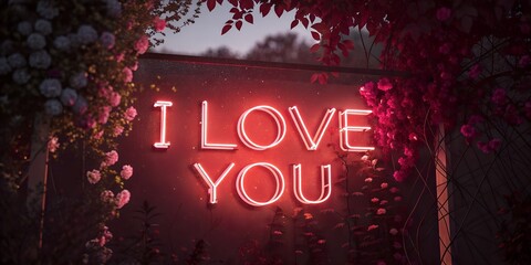 “I Love You” glowing neon script, warm red and pink tones, dark romantic background, soft bloom, modern Valentine aesthetic