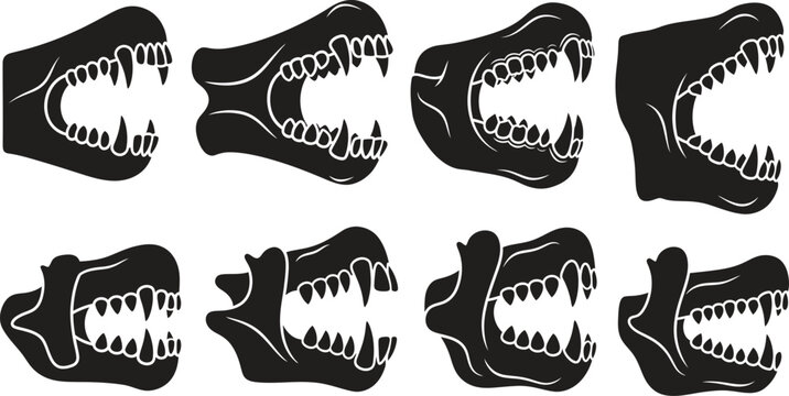 Silhouette of various open mouths with sharp teeth in black and white