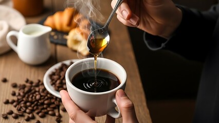 Pouring honey into a cup of coffee with coffee beans and croissants on the table