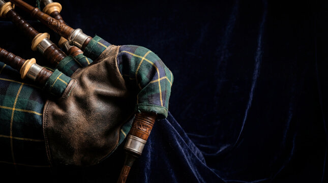 Bagpipes rest on tartan velvet. Bagpipes closeup shows bagpipes texture, for St Andrews Day greeting, Burns Night promo, Highland Games poster, Celtic music heritage, dark copy space concept